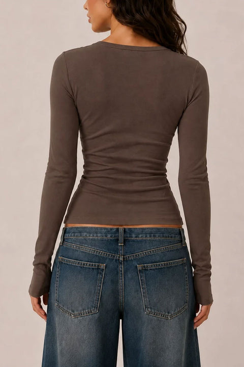 2000s Essential Long Sleeve Crew Neck Henley Knit Top