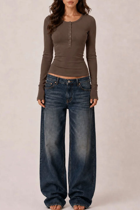 2000s Essential Long Sleeve Crew Neck Henley Knit Top
