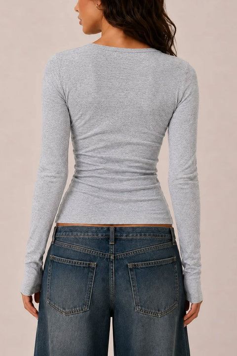 2000s Essential Long Sleeve Crew Neck Henley Knit Top
