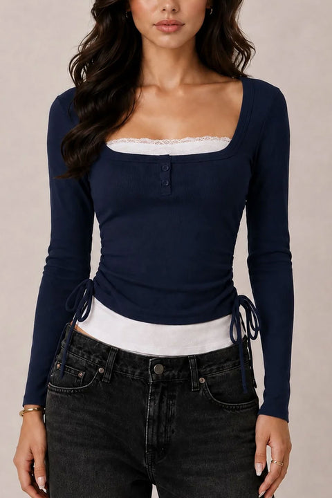 2000s Square Neck Faux Layered With Lace Long Sleeve Top