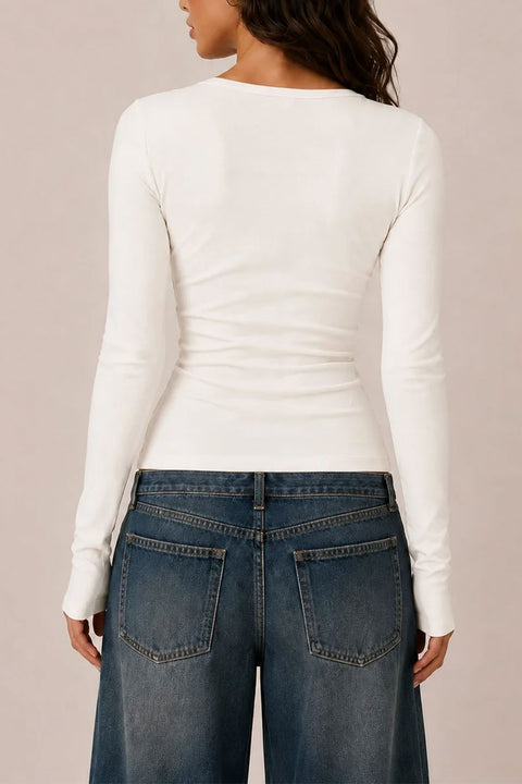 2000s Essential Long Sleeve Crew Neck Henley Knit Top