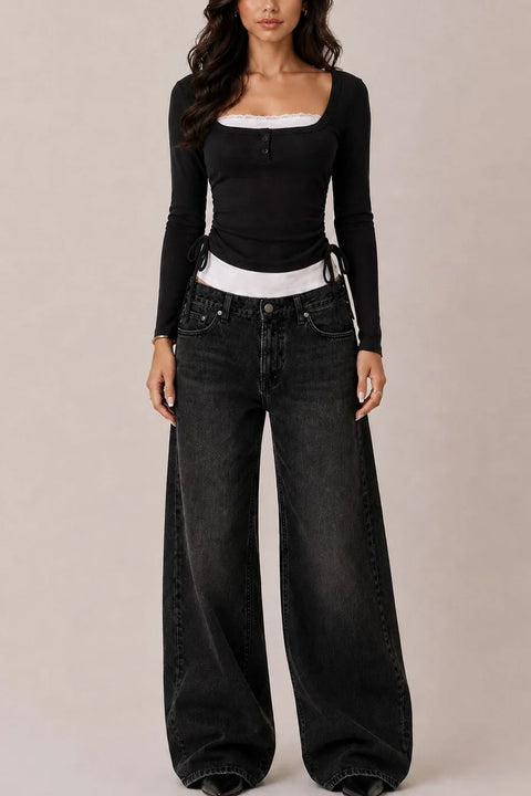 2000s Square Neck Faux Layered With Lace Long Sleeve Top