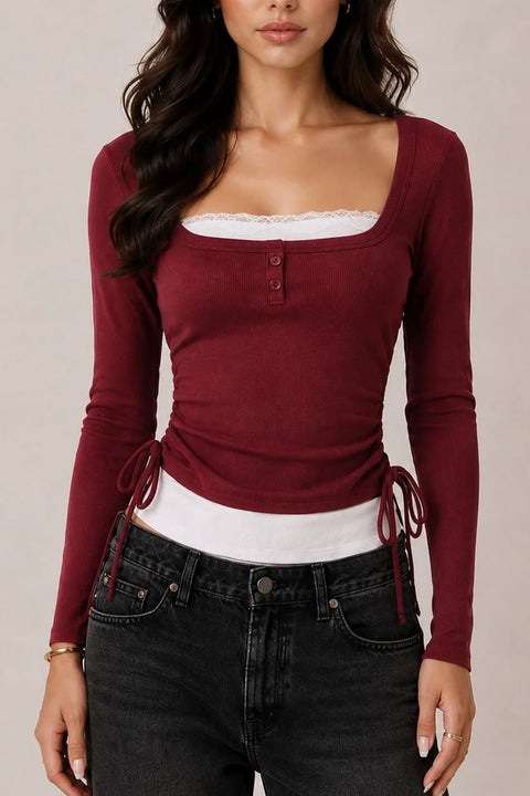 2000s Square Neck Faux Layered With Lace Long Sleeve Top