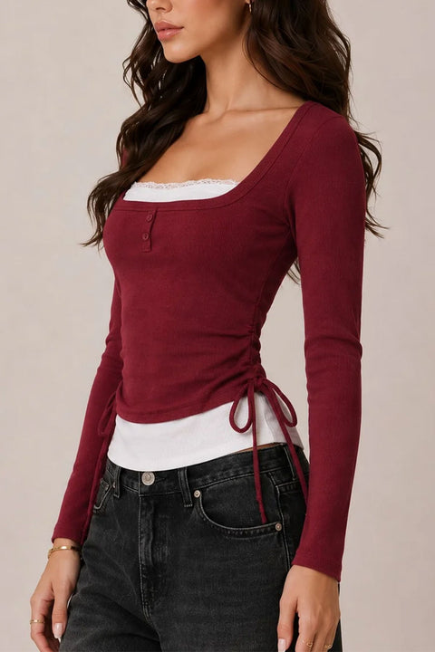 2000s Square Neck Faux Layered With Lace Long Sleeve Top