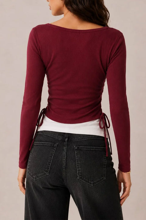2000s Square Neck Faux Layered With Lace Long Sleeve Top