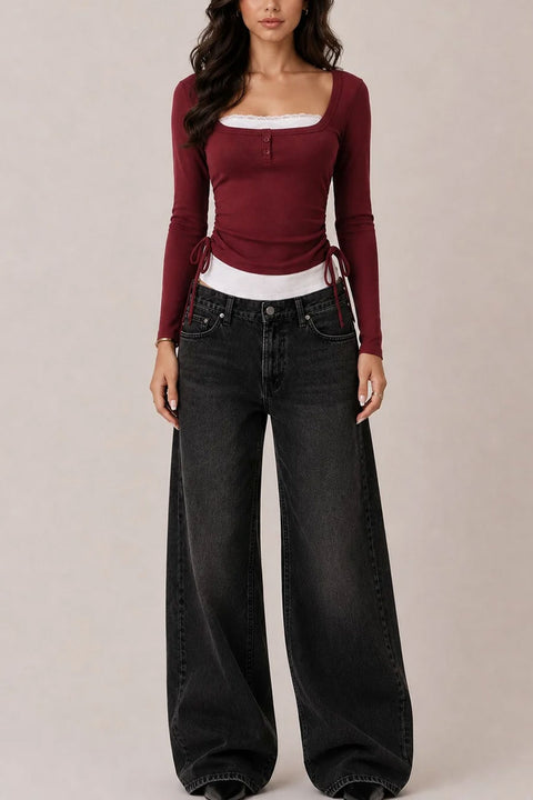 2000s Square Neck Faux Layered With Lace Long Sleeve Top