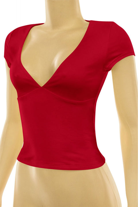 Tresser™ Short Sleeve Plunging V-Neck Top (Double-Layer)