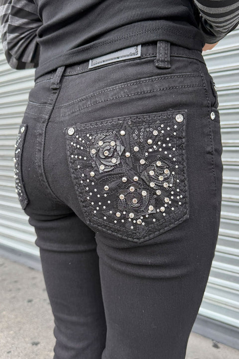 2000s Style Gothic Rose Flower Rhinestone Bling Back Pocket Bootcut Black Jean with Good Stretch