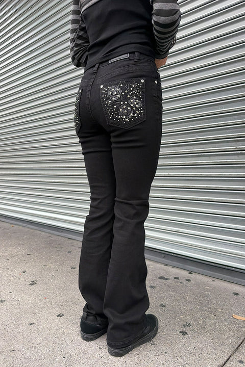 2000s Style Gothic Rose Flower Rhinestone Bling Back Pocket Bootcut Black Jean with Good Stretch