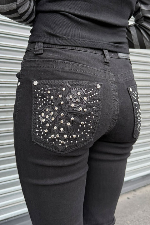 2000s Style Gothic Rose Flower Rhinestone Bling Back Pocket Bootcut Black Jean with Good Stretch