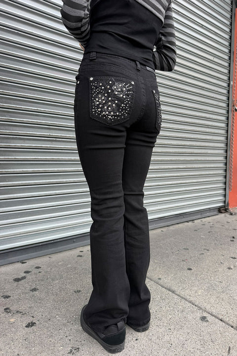 2000s Style Gothic Rose Flower Rhinestone Bling Back Pocket Bootcut Black Jean with Good Stretch