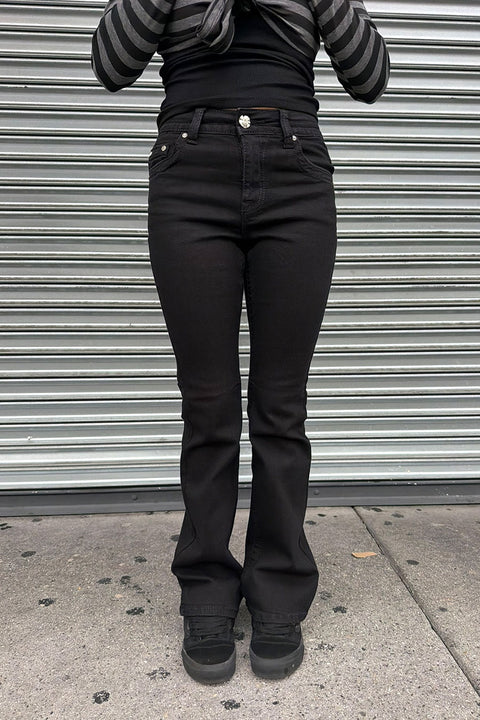 2000s Style Gothic Rose Flower Rhinestone Bling Back Pocket Bootcut Black Jean with Good Stretch