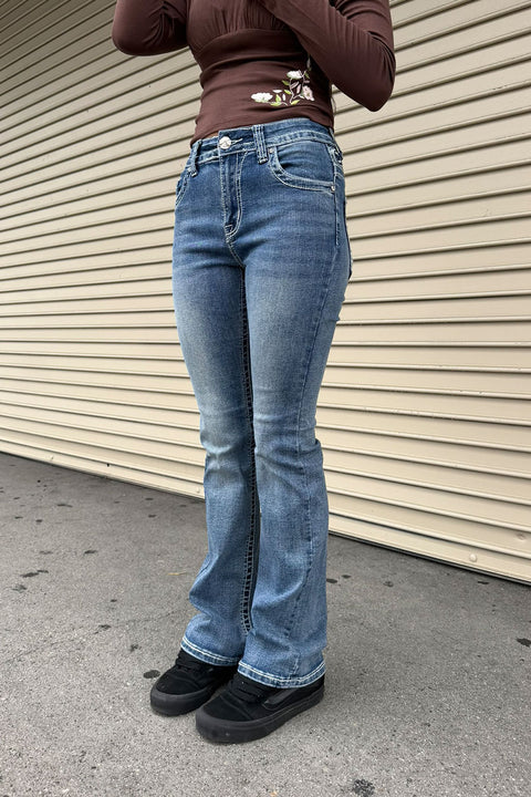 2000s Style Rose Flower Rhinestone Bling Back Pocket & Waist Yoke Bootcut Jean with Good Stretch