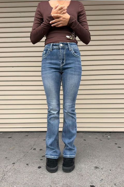 2000s Style Rose Flower Rhinestone Bling Back Pocket & Waist Yoke Bootcut Jean with Good Stretch