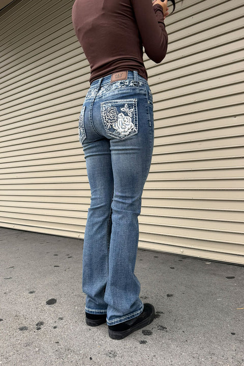 2000s Style Rose Flower Rhinestone Bling Back Pocket & Waist Yoke Bootcut Jean with Good Stretch