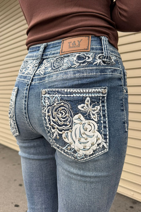2000s Style Rose Flower Rhinestone Bling Back Pocket & Waist Yoke Bootcut Jean with Good Stretch