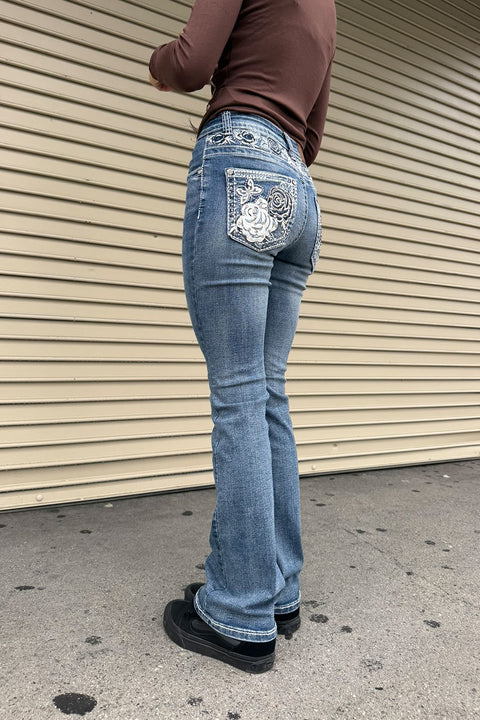 2000s Style Rose Flower Rhinestone Bling Back Pocket & Waist Yoke Bootcut Jean with Good Stretch