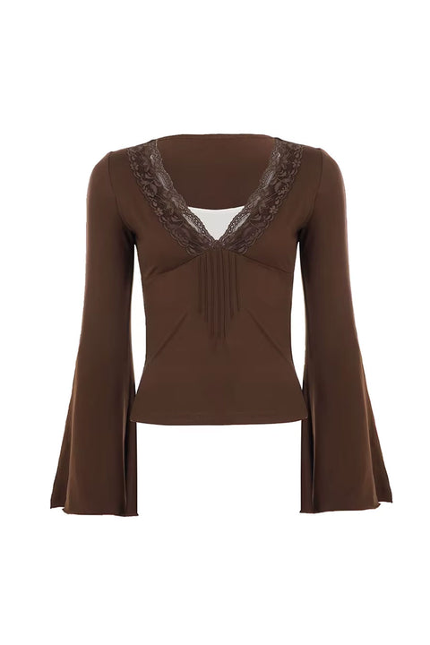 Romantic Y2K Lace Trim Bell Sleeve V-Neck Pin Tuck Top with White Inset