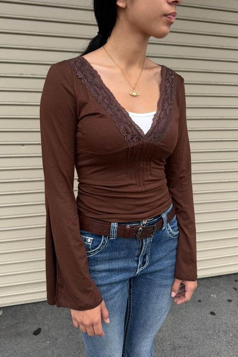 Romantic Y2K Lace Trim Bell Sleeve V-Neck Pin Tuck Top with White Inset