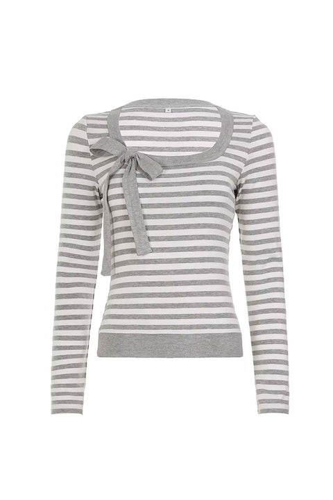 Y2K Sweet Feminine Striped Oversized Bow Long Sleeve Top