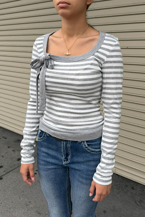Y2K Sweet Feminine Striped Oversized Bow Long Sleeve Top