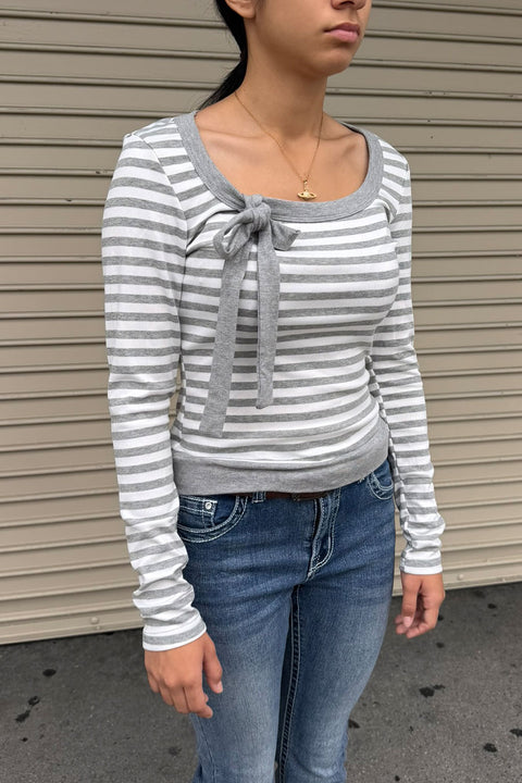 Y2K Sweet Feminine Striped Oversized Bow Long Sleeve Top