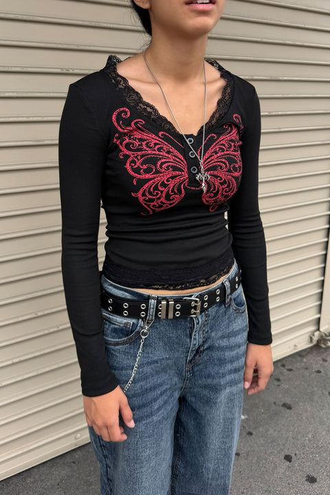 Y2K Fairy Grunge Butterfly Printed Long Sleeve Lace Trim Rib Knit Henley Top