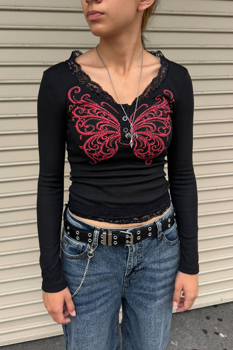 Y2K Fairy Grunge Butterfly Printed Long Sleeve Lace Trim Rib Knit Henley Top