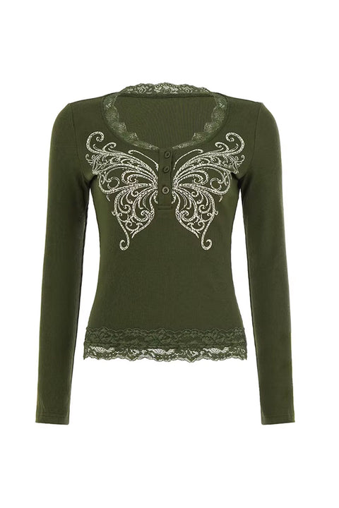 Y2K Fairy Grunge Butterfly Printed Long Sleeve Lace Trim Rib Knit Henley Top