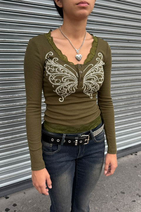 Y2K Fairy Grunge Butterfly Printed Long Sleeve Lace Trim Rib Knit Henley Top
