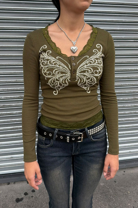 Y2K Fairy Grunge Butterfly Printed Long Sleeve Lace Trim Rib Knit Henley Top