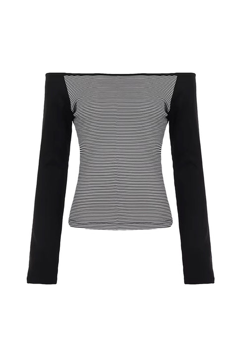 2000s Striped Off-Shoulder Long Sleeve Top