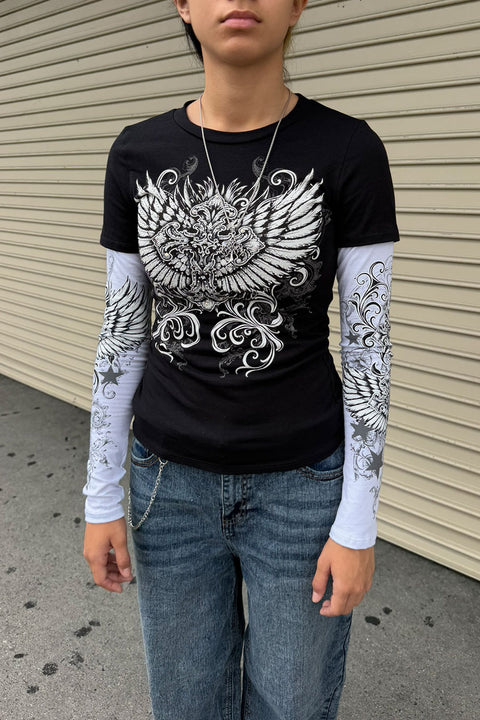 Y2K McBling Cross & Wing Graphic Rhinestone Print Faux Overlay Long Sleeve T-Shirt