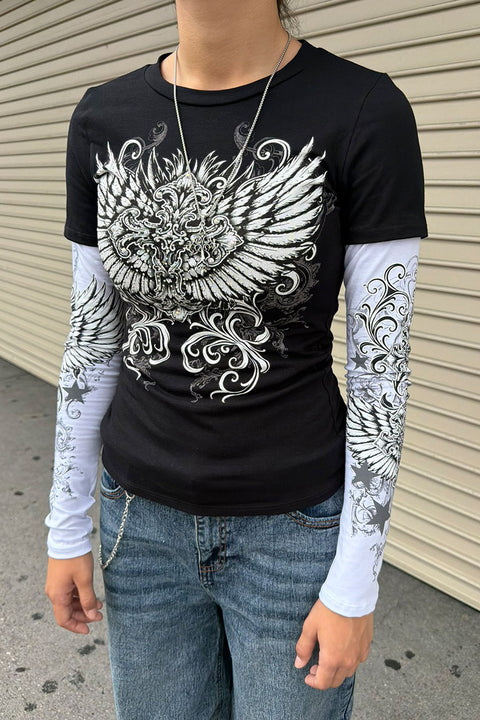 Y2K McBling Cross & Wing Graphic Rhinestone Print Faux Overlay Long Sleeve T-Shirt