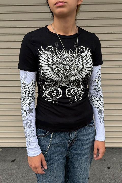 Y2K McBling Cross & Wing Graphic Rhinestone Print Faux Overlay Long Sleeve T-Shirt