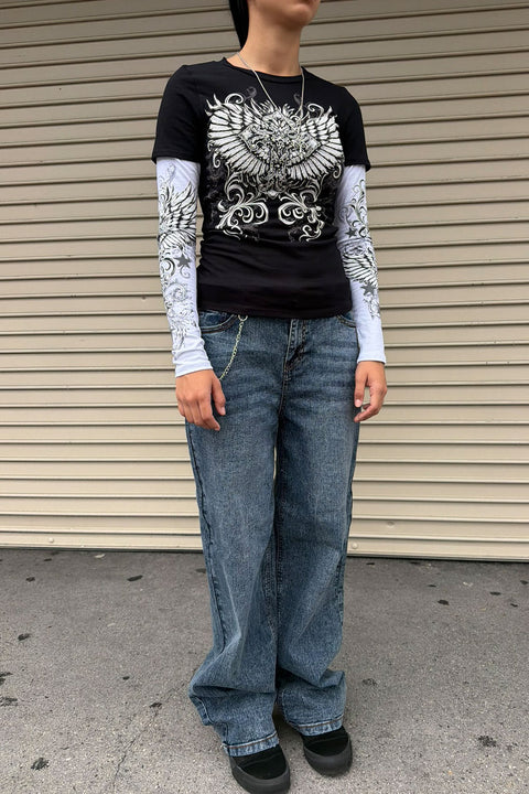 Y2K McBling Cross & Wing Graphic Rhinestone Print Faux Overlay Long Sleeve T-Shirt