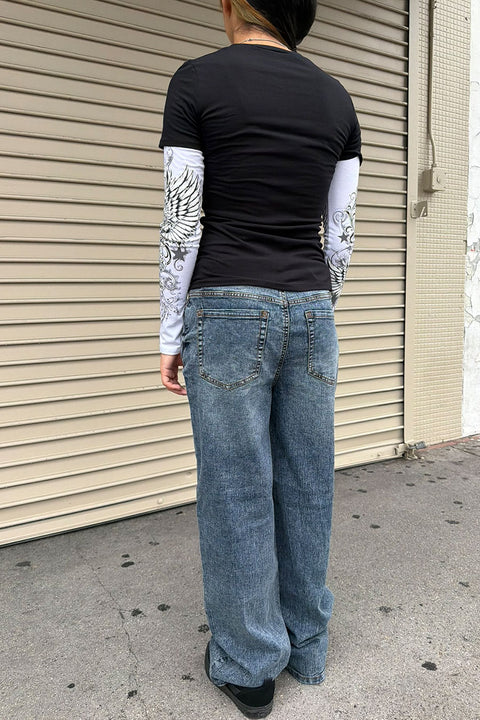 Y2K McBling Cross & Wing Graphic Rhinestone Print Faux Overlay Long Sleeve T-Shirt