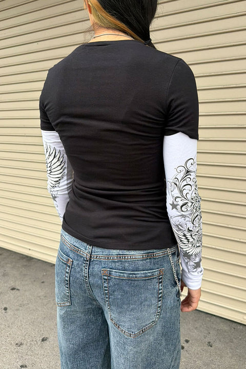 Y2K McBling Cross & Wing Graphic Rhinestone Print Faux Overlay Long Sleeve T-Shirt