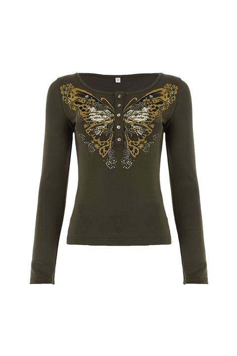 2000s Fairycore Butterfly Print Henley Long Sleeve Top