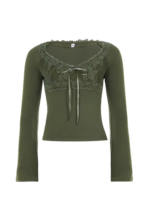 2000s Olive Lace Bow Long Sleeve Top