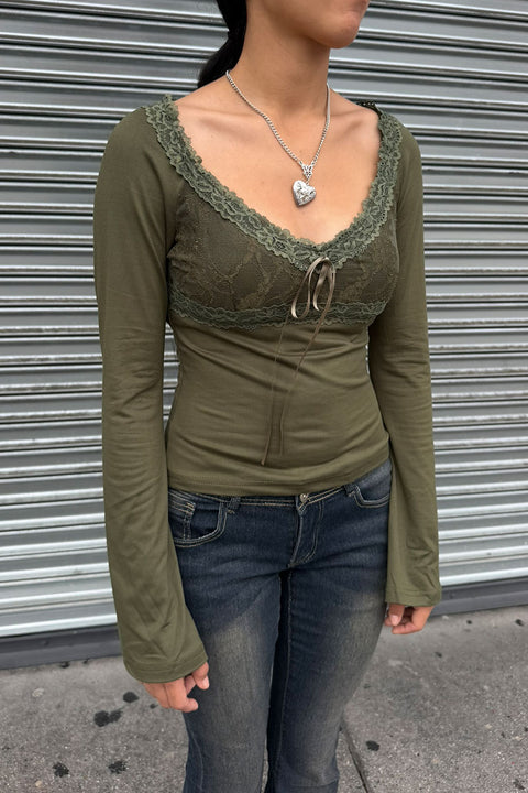 2000s Olive Lace Bow Long Sleeve Top