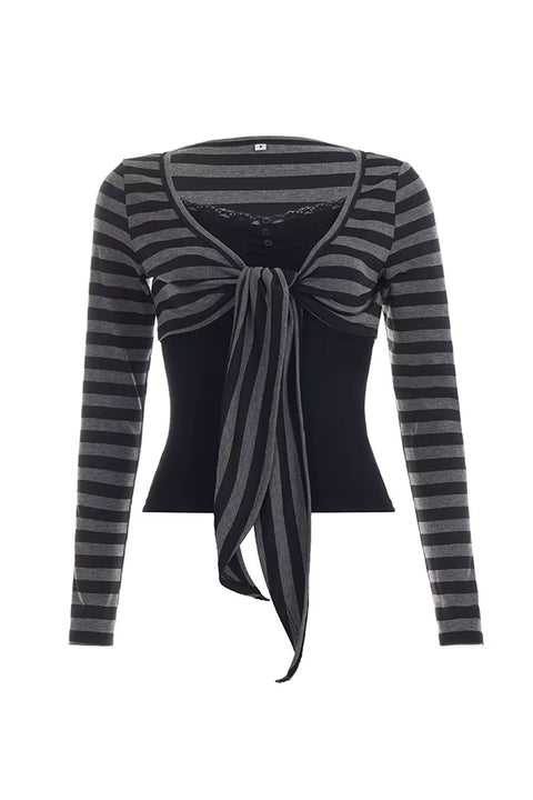 2000s Grunge Charcoal Striped Tie-Front Layered Top Set