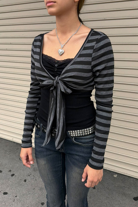 2000s Grunge Charcoal Striped Tie-Front Layered Top Set