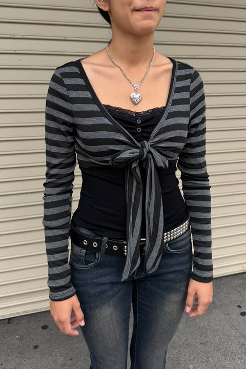 2000s Grunge Charcoal Striped Tie-Front Layered Top Set