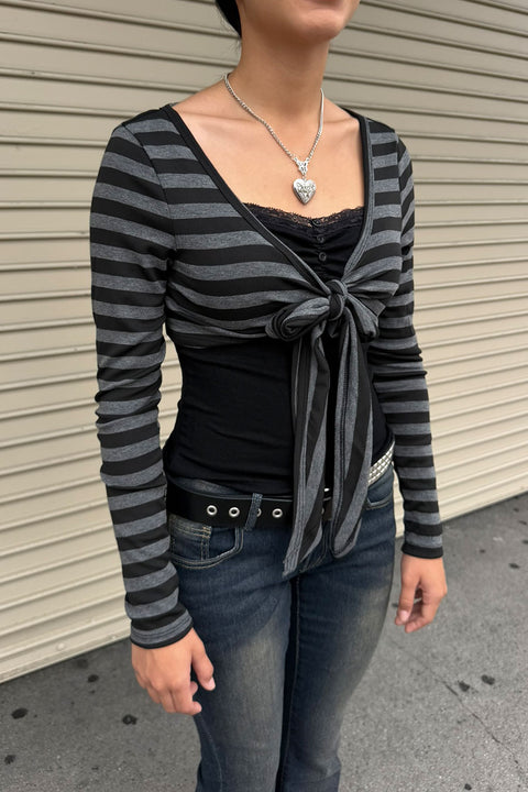 2000s Grunge Charcoal Striped Tie-Front Layered Top Set