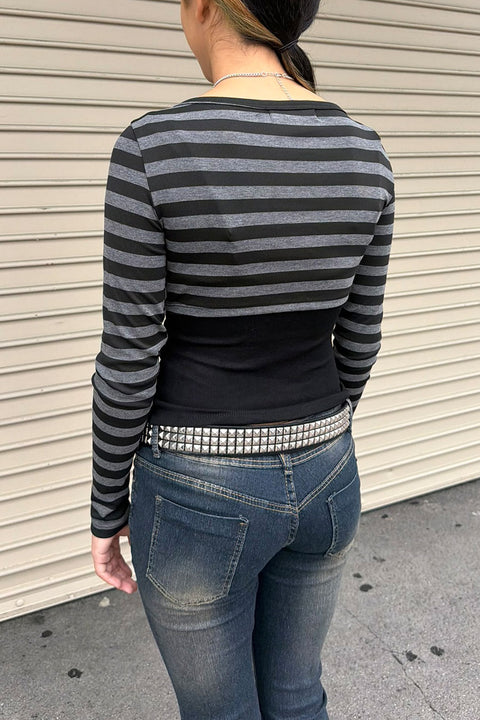 2000s Grunge Charcoal Striped Tie-Front Layered Top Set