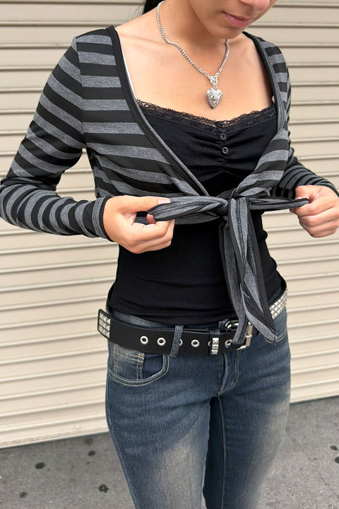 2000s Grunge Charcoal Striped Tie-Front Layered Top Set