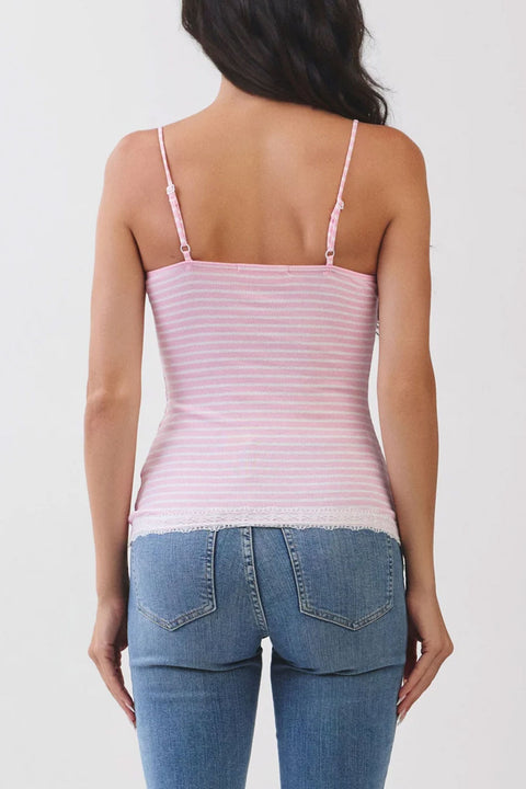 2000s Stripe Ribbed Cami Lace Trimmed Tank Top