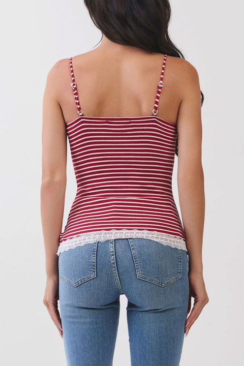 2000s Stripe Ribbed Cami Lace Trimmed Tank Top