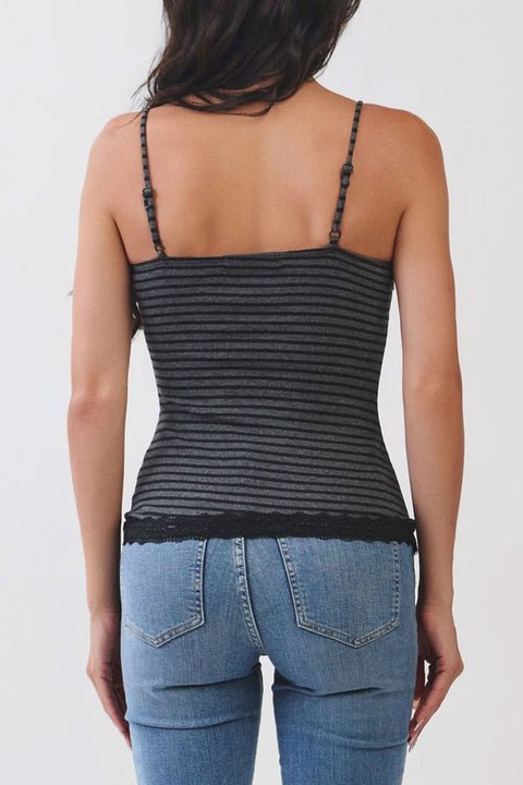 2000s Stripe Ribbed Cami Lace Trimmed Tank Top